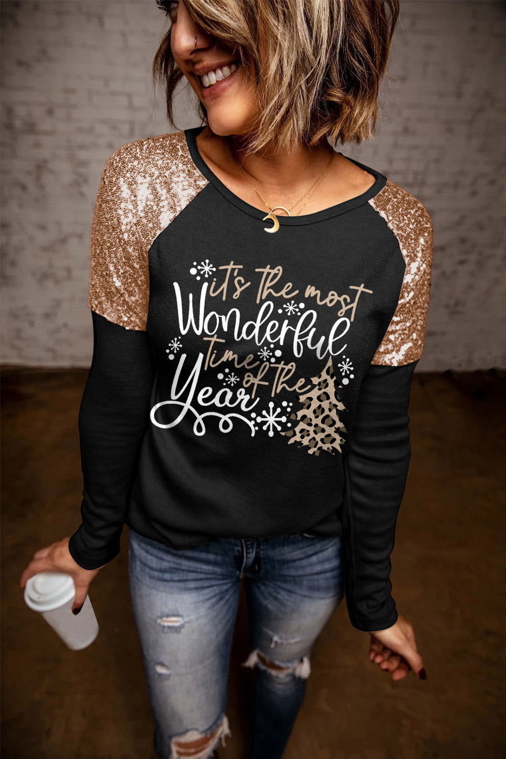 Black Wonderful Christmas Season Graphic Sequin Shoulder Top