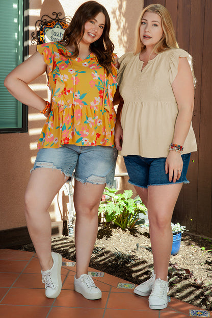 Yellow Plus Size Ruffle Trim Tie Neck Floral Peplum Tank Top