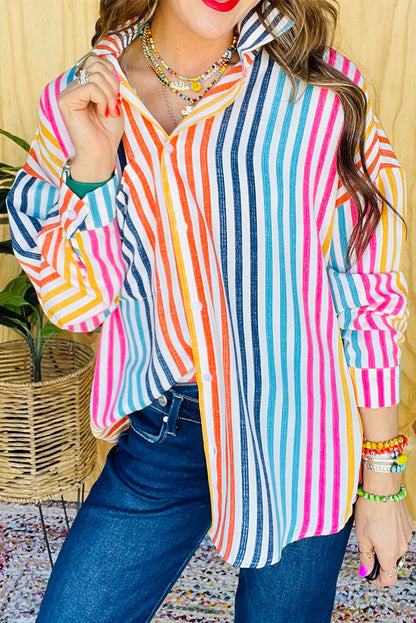 Orange Stripe Multicolor Drop Shoulder Loose Shirt