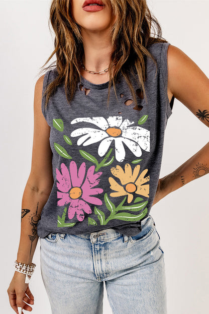 Gray Floral Printed Ripped Crewneck Tank Top