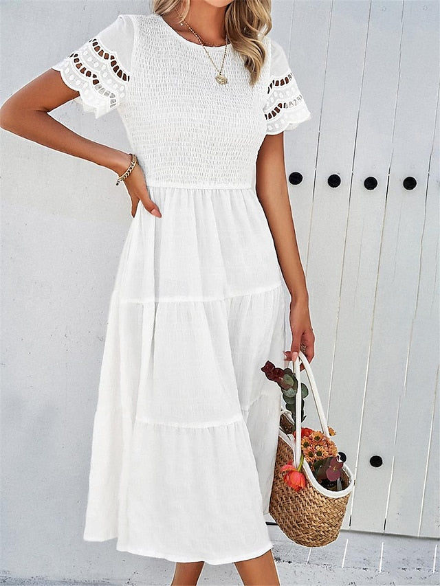 Women's White Dress Lace Dress Casual Dress Midi Dress Patchwork Eyelet Vacation Basic Crew Neck Short Sleeve Black White Brown Color