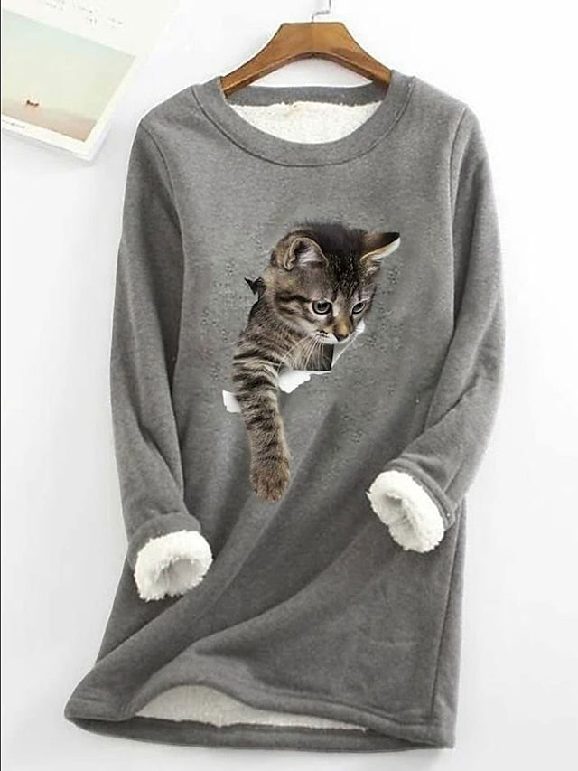 Women's Sweatshirt Pullover Sherpa Fleece Teddy Denim Blue Black White Cat Street Round Neck Plus Size Long Sleeve - LuckyFash™