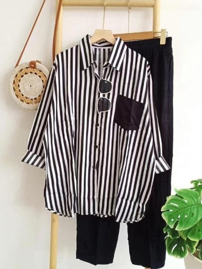 Women's Loungewear Sets 2 Pieces Long Sleeve Lapel Stripe Shirt and Wide Leg Pure Color Pants Simple Basic Casual Home Daily Going out Polyester Summer Spring Black Yellow - LuckyFash™