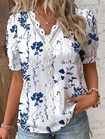 Women's Shirt Lace Shirt Blouse Floral Daily Lace Patchwork Print Navy Blue Short Sleeve Stylish Modern V Neck Summer Spring