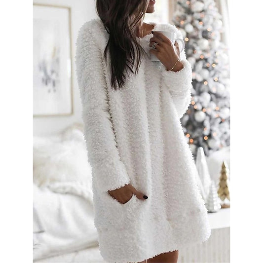 Women's Sweater Dress Crew Neck Fuzzy Knit Cotton Pocket Fall Winter Home Daily Stylish Soft Long Sleeve Solid Color Black White Pink S M L