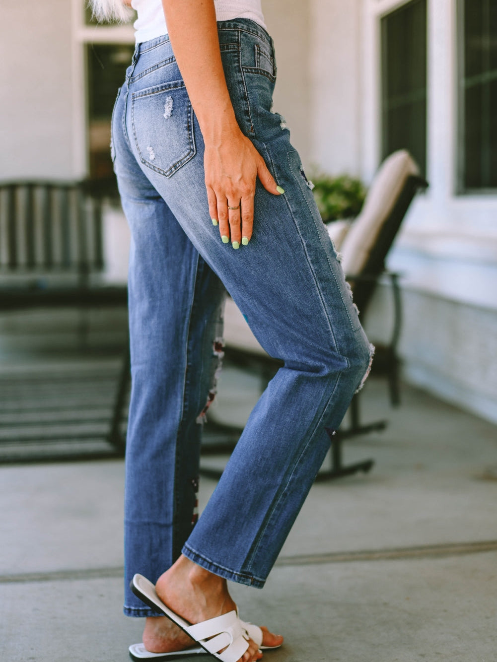 American Flag Graphic Patched Distressed Jeans in Sky Blue