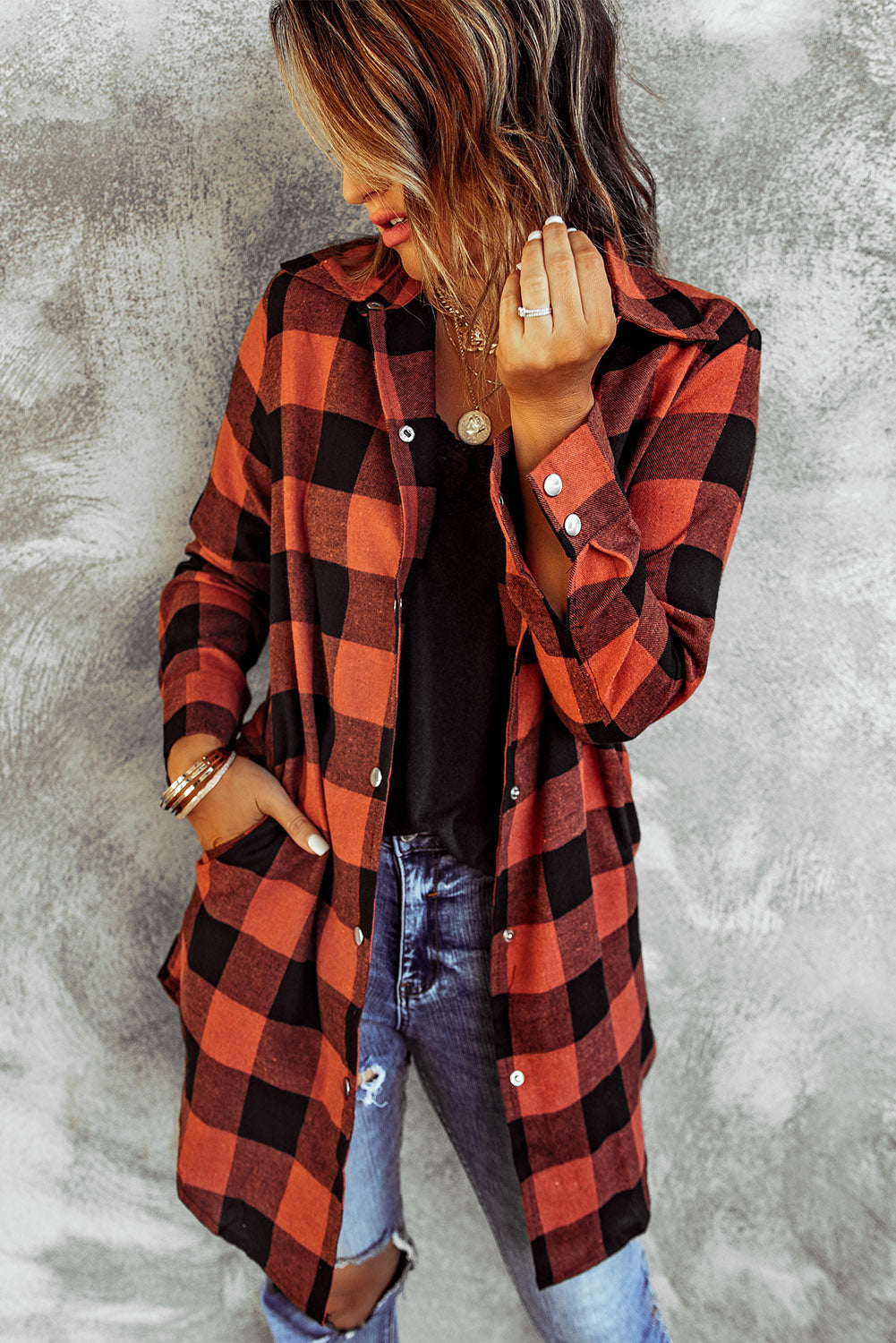 Fiery Red Turn-down Collar Plaid Shirt Coat