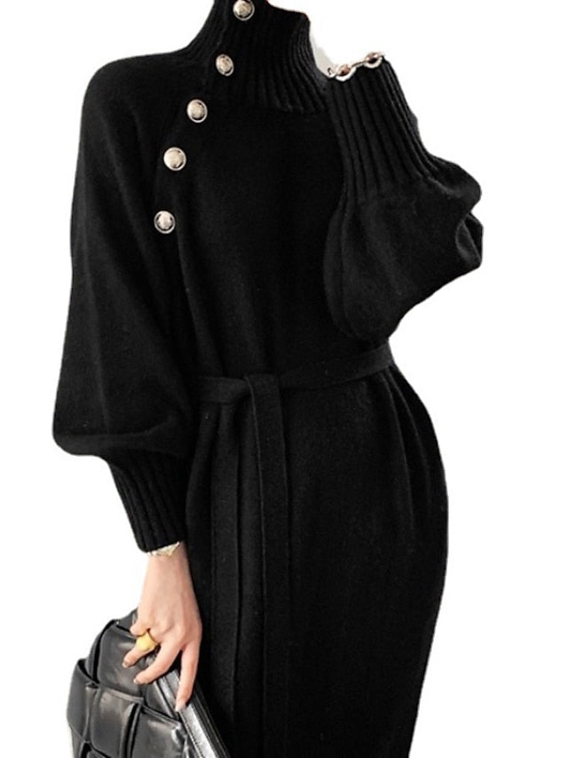 Women's Sweater Dress Jumper Dress Winter Dress Knee Length Dress Knitwear Stylish Mature Pure Color Outdoor Winter Dress Holiday Weekend Turtleneck Long Sleeve Tie Front Button Knit 2023 Loose Fit