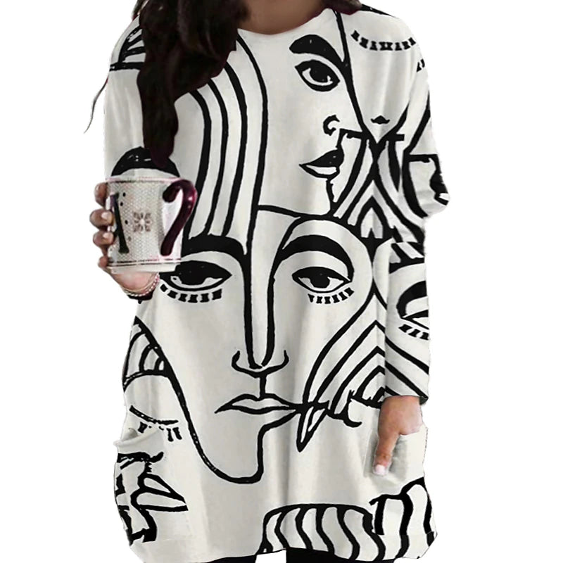 Women‘s Plus Size Curve T Shirt Dress Tee Dress Abstract Crew Neck Print Long Sleeve Winter Fall Casual Daily Vacation Dress