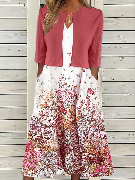 Women's Two Piece Dress Set Casual Dress Print Dress Outdoor Daily Active Modern Pocket Print Midi Dress V Neck Half Sleeve Floral Regular Fit White Red Green Summer Spring S M L XL XXL - LuckyFash™