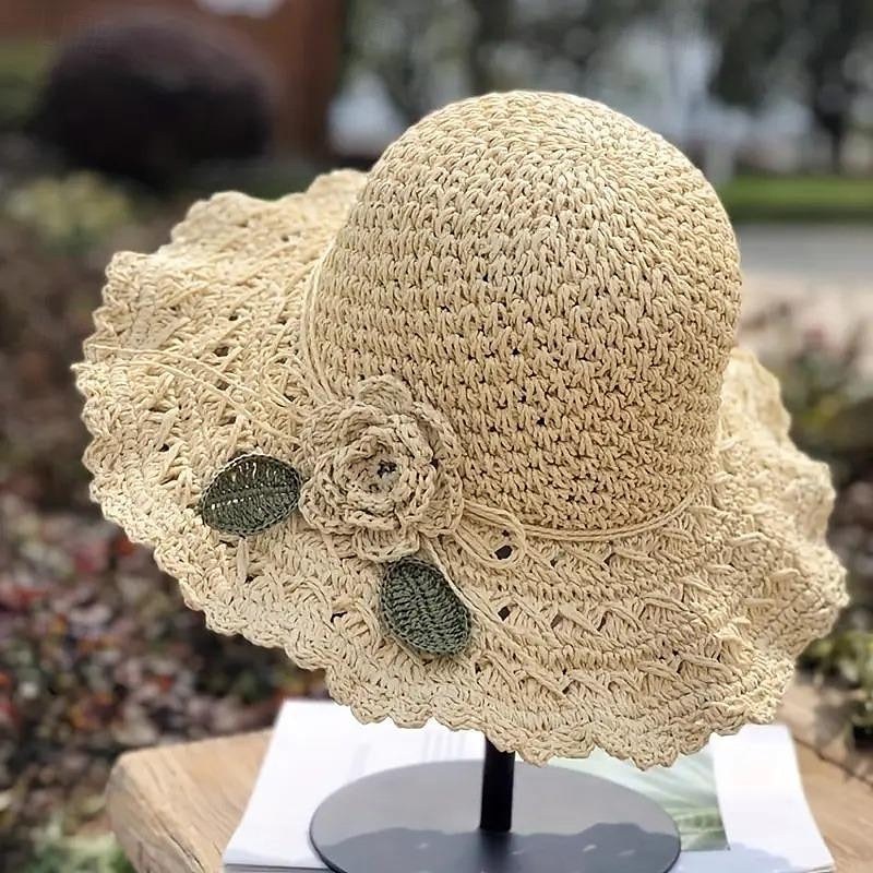 Women's White Dress with Flower Crochet Straw Hat Floral Earrings 4 PCS Shirt Dress Casual Dress Maxi long Dress Ruffle Button Basic Daily V Neck 3/4 Length Sleeve Summer Spring Vacation Beach Dress