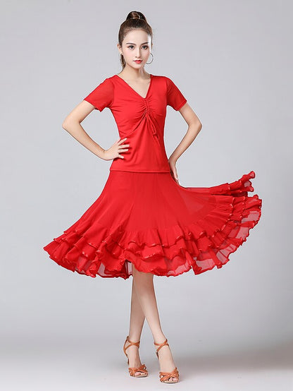 Ballroom Waltz Modern Dancing Latin Dance Skirts Pleats Cascading Ruffles Wave-like Women's Training Performance Natural Mesh Milk Fiber - LuckyFash™