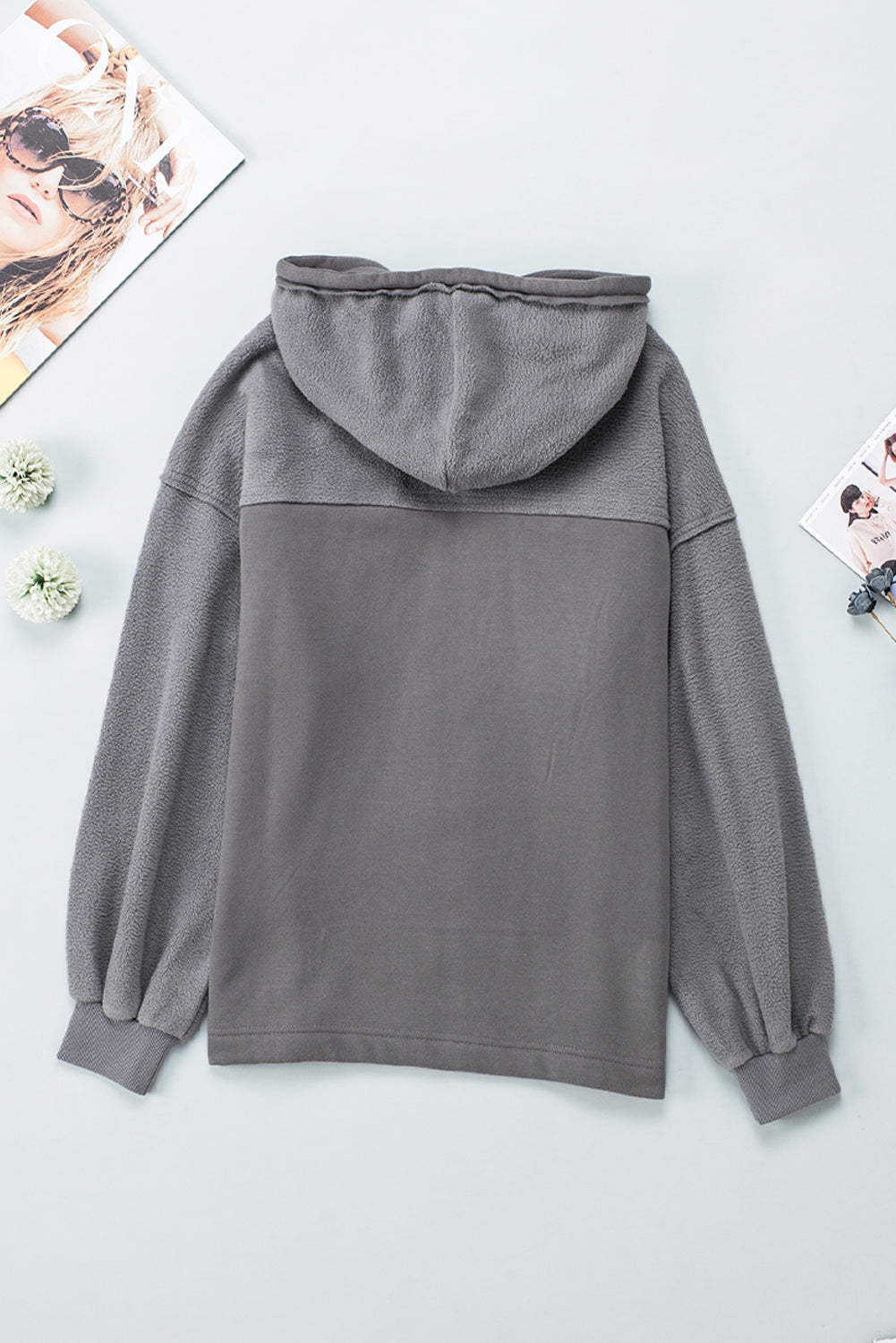 Gray Flap Pocket Drawstring Hood Zip Up Jacket