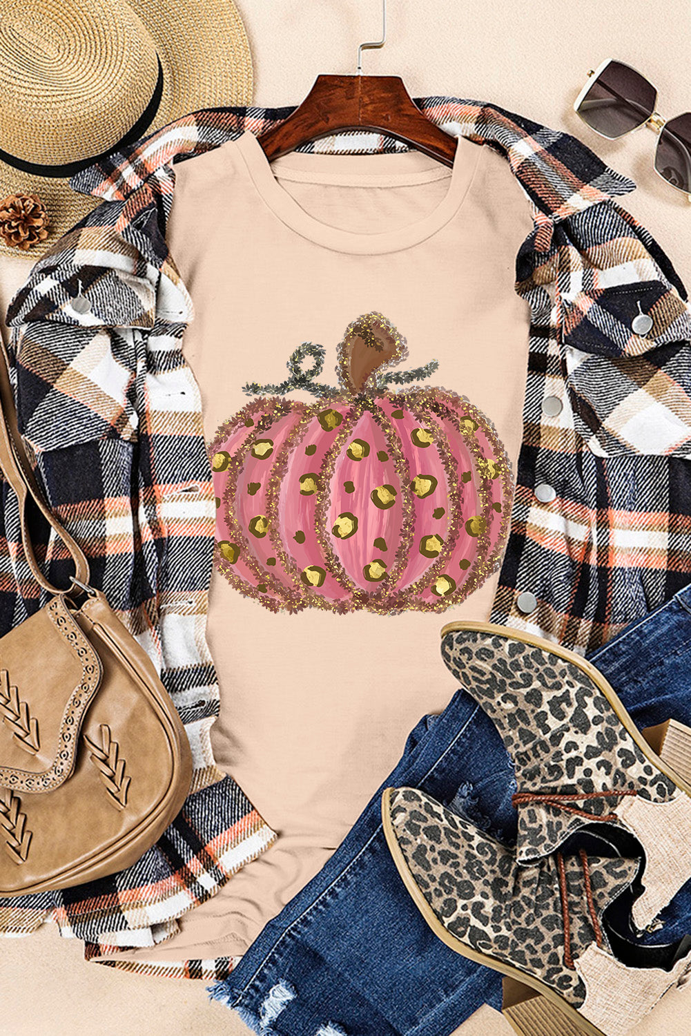 Khaki Cheetah Pumpkin Print Round Neck T Shirt