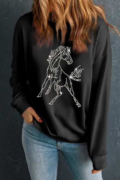 Black Rhinestone Horse Drop Shoulder Crewneck Sweatshirt