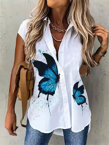 Women's Shirt Blouse Butterfly Casual Weekend Button Print Black Short Sleeve Basic Shirt Collar