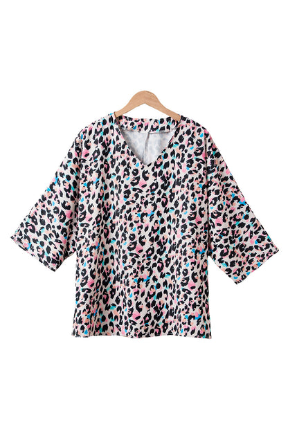 Brown Leopard Print V Neck Batwing Sleeve Plus Size Top