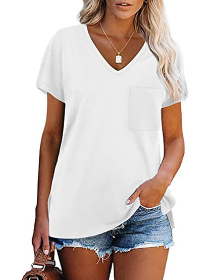 Women's T shirt Tee Plain Solid Colored Casual Daily Pocket Black Short Sleeve Basic Casual V Neck