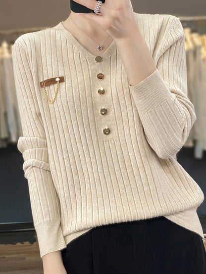 Women's Pullover Sweater Jumper V Neck Ribbed Knit Polyester Button Fall Winter Regular Outdoor Daily Going out Stylish Casual Soft Long Sleeve Solid Color Black White Yellow S M L