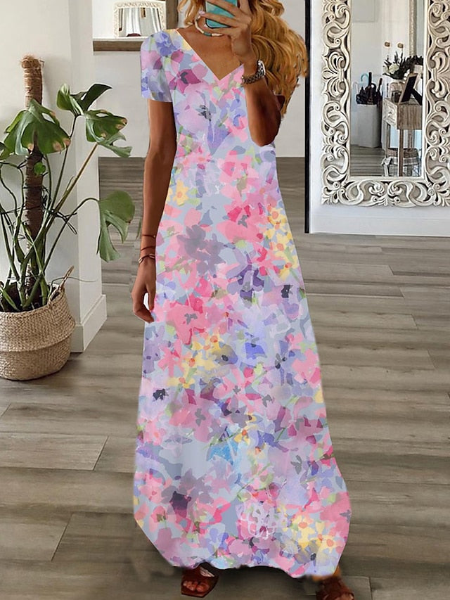 Women's Long Dress Maxi Dress Casual Dress Print Dress Graphic Floral Fashion Modern Daily Holiday Vacation Short Sleeve V Neck Dress Regular Fit White Pink Wine Summer Spring S M L XL 2XL 3XL 4XL 5XL - LuckyFash™