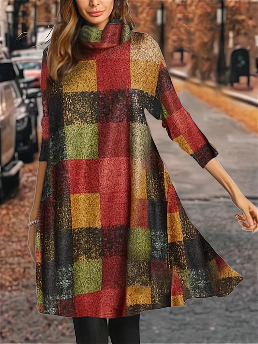 Women's Winter Dress Leaf Plaid Print Turtleneck Midi Dress Daily Vacation 3/4 Length Sleeve Fall Winter