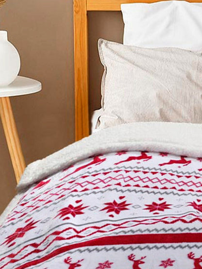 Festive White Reindeer Snowflake Print Sherpa Throw Blanket