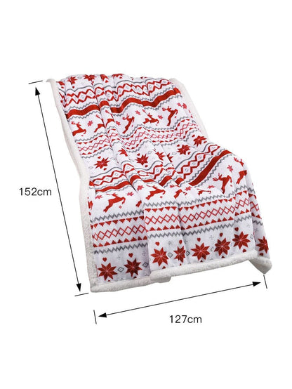 Festive White Reindeer Snowflake Print Sherpa Throw Blanket