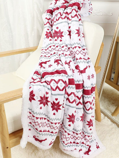 Festive White Reindeer Snowflake Print Sherpa Throw Blanket