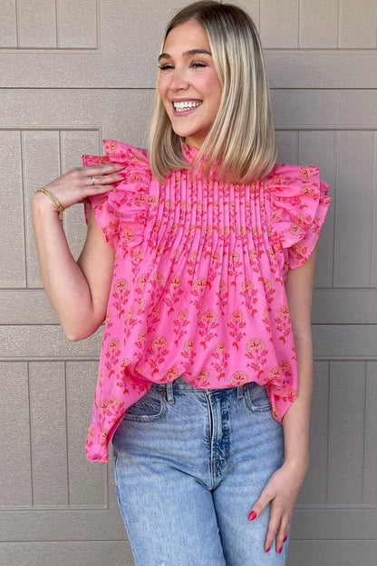 Rose Red Floral Print Pleated Ruffled Flutter Sleeve Blouse