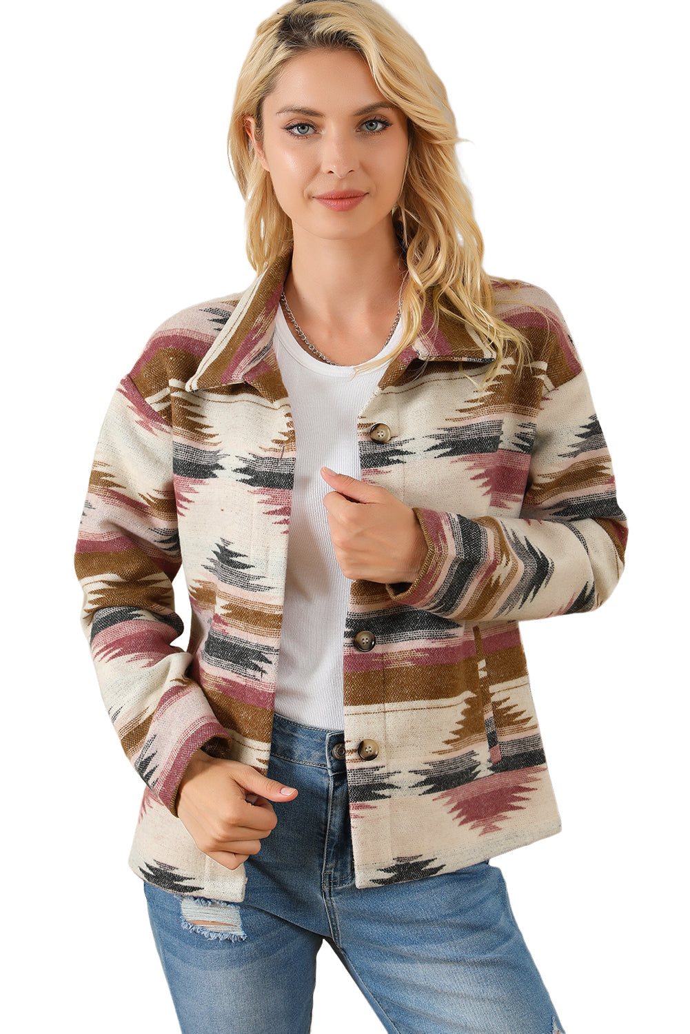 Multicolor Aztec Print Button Up Long Sleeve Jacket