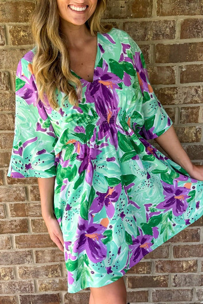 Green Boho Floral Half Sleeve V Neck Shirred Waist Mini Dress