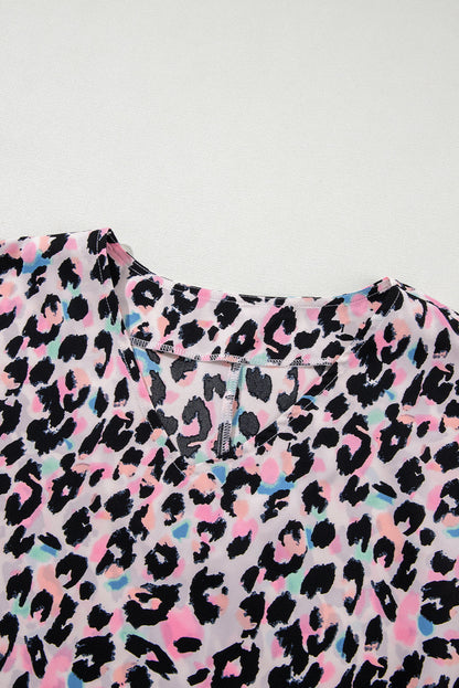 Pink Multicolor Leopard Print V Neck Oversized Blouse