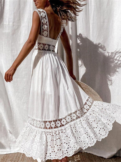 Women's White Dress Lace Dress Casual Dress Midi Dress Lace Patchwork Date Vacation Elegant A Line Strap Sleeveless White Color