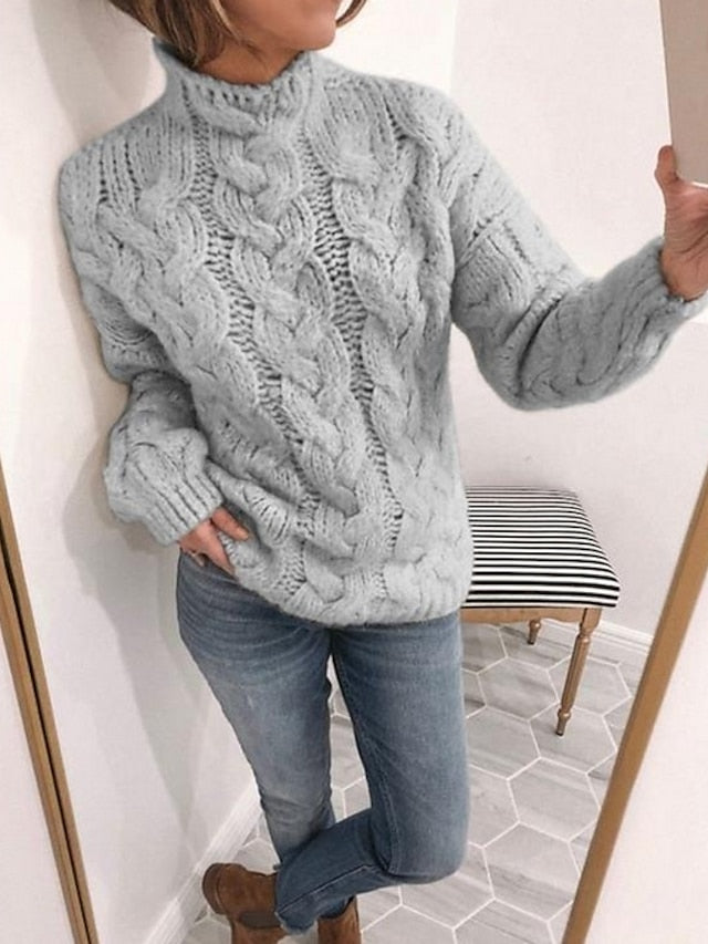 Women's Pullover Sweater Knitted Solid Color Basic Casual Chunky Long Sleeve Sweater Cardigans Turtleneck Fall Winter Yellow Blushing Pink Gray