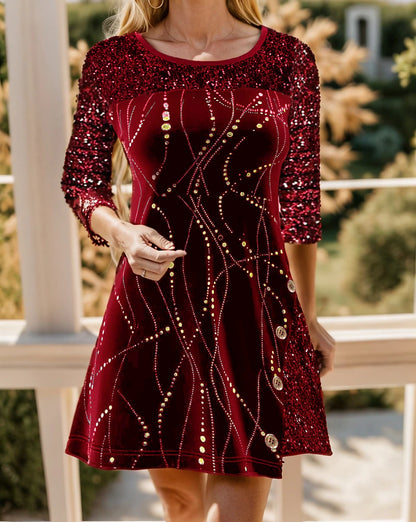 Women's Velvet Dress Sequin Dress Party Dress Velvet Sequins Shimmer Crew Neck Long Sleeve Mini Dress Christmas Birthday Wine Winter