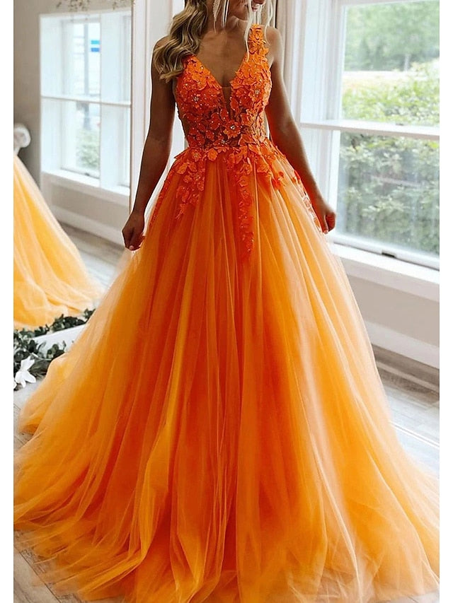 A-Line Prom Dresses Open Back Dress Formal Floor Length Sleeveless V Neck Tulle Backless with Pleats Beading Appliques 2023 - LuckyFash™