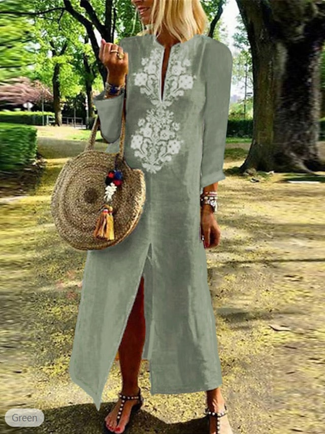 Women's V-Neck Embroidered Cotton Linen Maxi Dress Casual Split Long Sleeve for Summer Spring Fall 2024 Spring