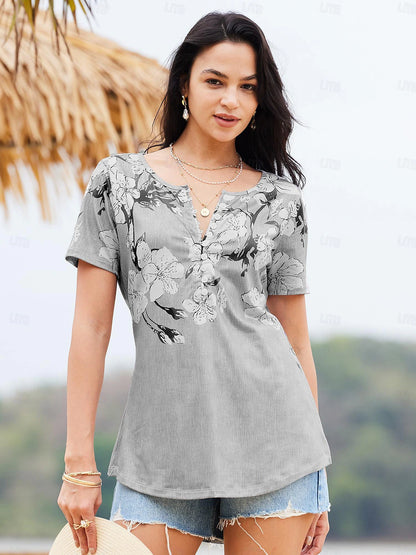 Women's T shirt Tee Henley Shirt Floral Holiday Weekend Button Print White Short Sleeve Tunic Basic Round Neck