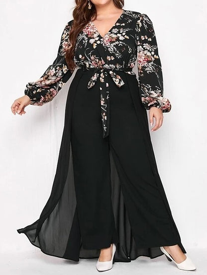 Women's Plus Size Jumpsuit Floral Fashion Modern Vacation Going out Natural Full Length Winter Fall Black L XL XXL 3XL 4XL - LuckyFash™