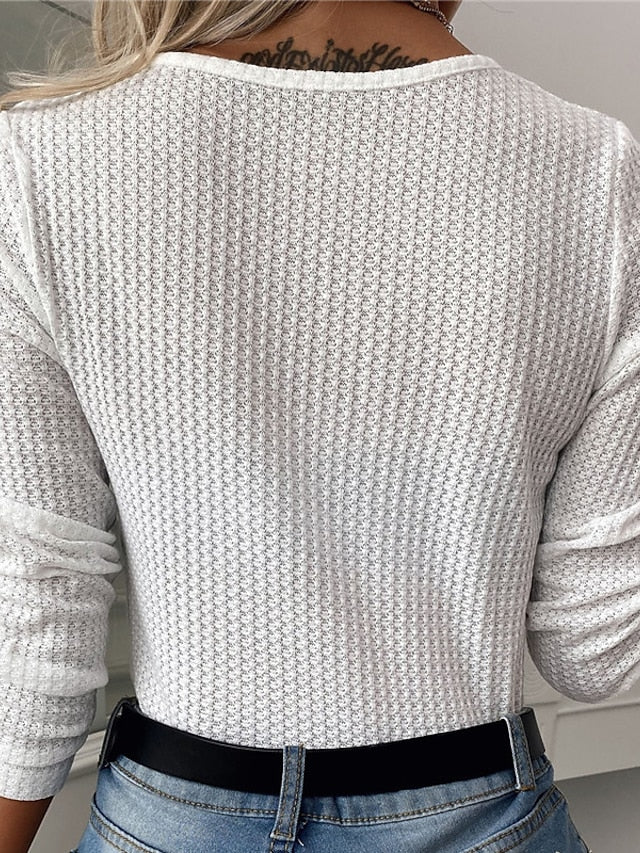 Women's Pullover Sweater jumper Jumper Chunky Waffle Knit Knitted Thin Pure Color V Neck Basic Stylish Outdoor Daily Spring Summer Blue White S M L / Cotton / Long Sleeve / Cotton / Holiday / Casual - LuckyFash™