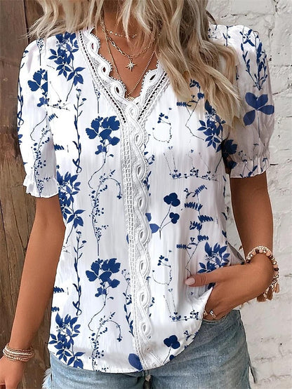 Women's Shirt Lace Shirt Blouse Floral Daily Lace Patchwork Print Navy Blue Short Sleeve Stylish Modern V Neck Summer Spring