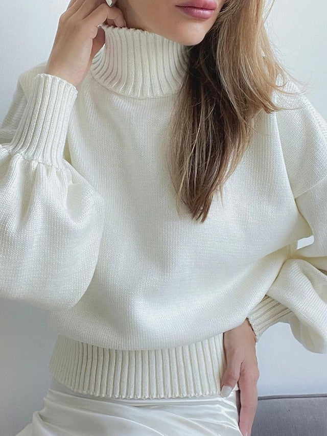 Women's Pullover Sweater Jumper Turtleneck Stand Collar Ribbed Knit Cotton Oversized Summer Fall Outdoor Daily Going out Stylish Casual Soft Long Sleeve Solid Color Black White Wine S M L