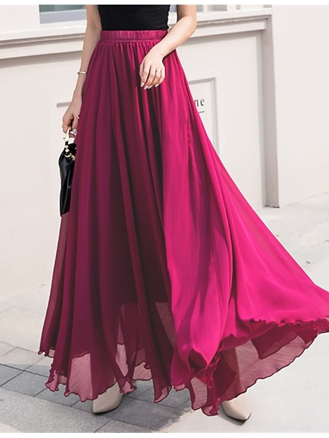 Women's Skirt Swing Work Skirts Long Skirt Maxi Skirts Chiffon Solid Colored Office / Career Daily Spring & Summer Chiffon Polyester Elegant Long Summer Black Light Green Pink Blue