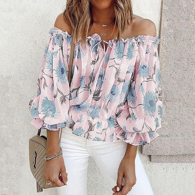 Women's Shirt Blouse Floral Casual Holiday Lace up Button Print Cold Shoulder White Long Sleeve Fashion Off Shoulder Summer