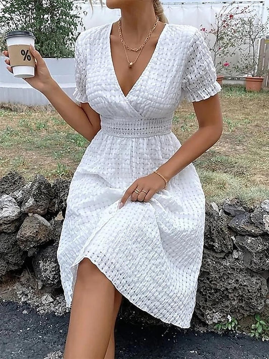 Women's Swing Dress White Dress Plain Dress Long Dress Maxi Dress Patchwork Button Work Date Beach Hawaiian Boho V Neck Short Sleeve Regular Fit White Color S M L XL XXL Size