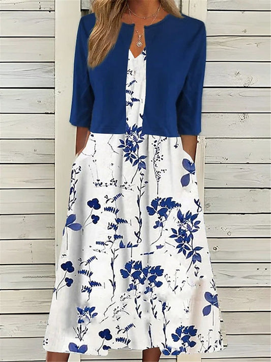 Women's Two Piece Dress Set Casual Dress Print Dress Daily Vacation Fashion Elegant Pocket Print Midi Dress Crew Neck Half Sleeve Floral Regular Fit Black Navy Blue Green Summer Spring S M L XL XXL - LuckyFash™