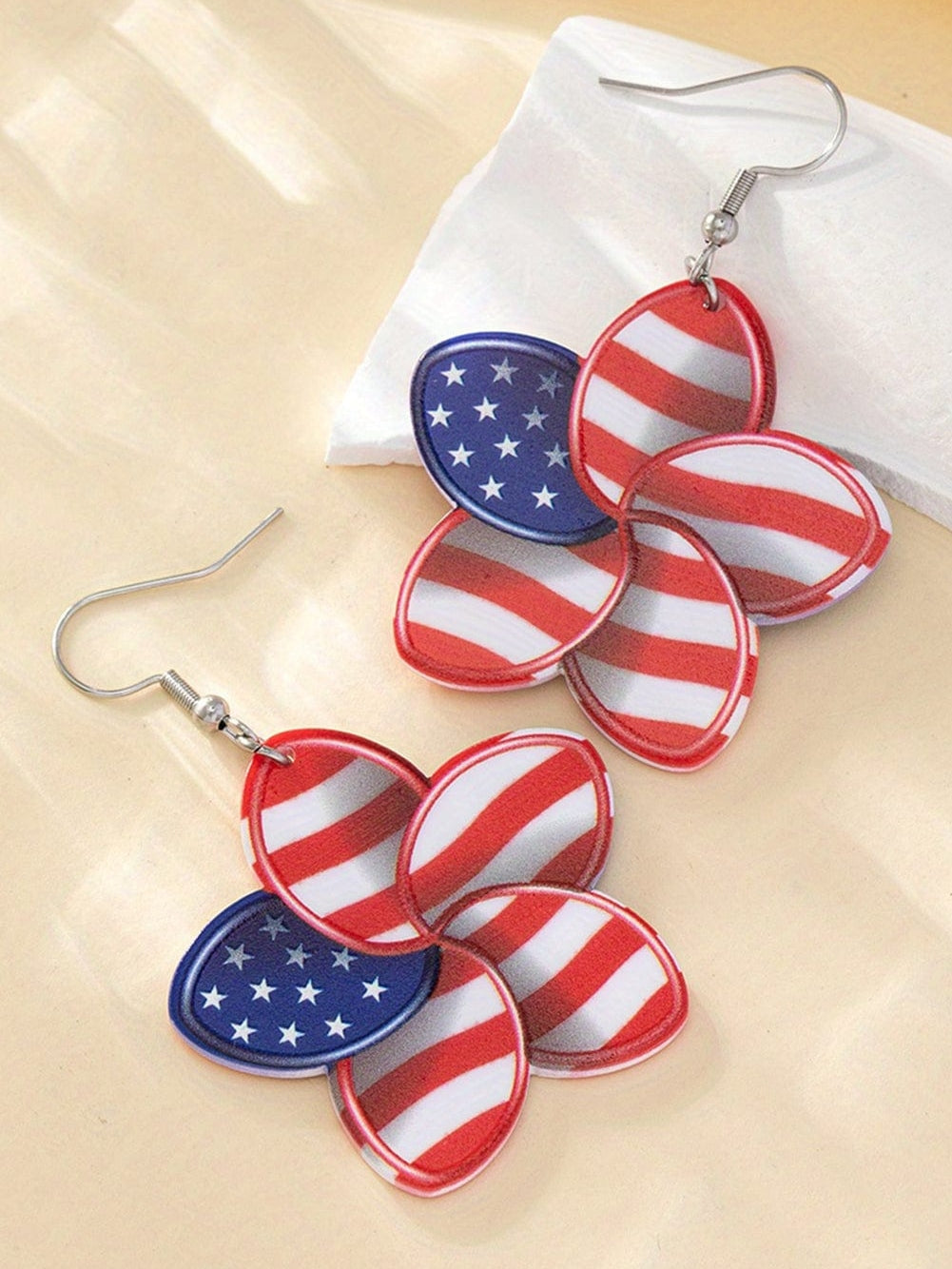 Fiery Red American Flag Printed Flower Shape Hook Earrings