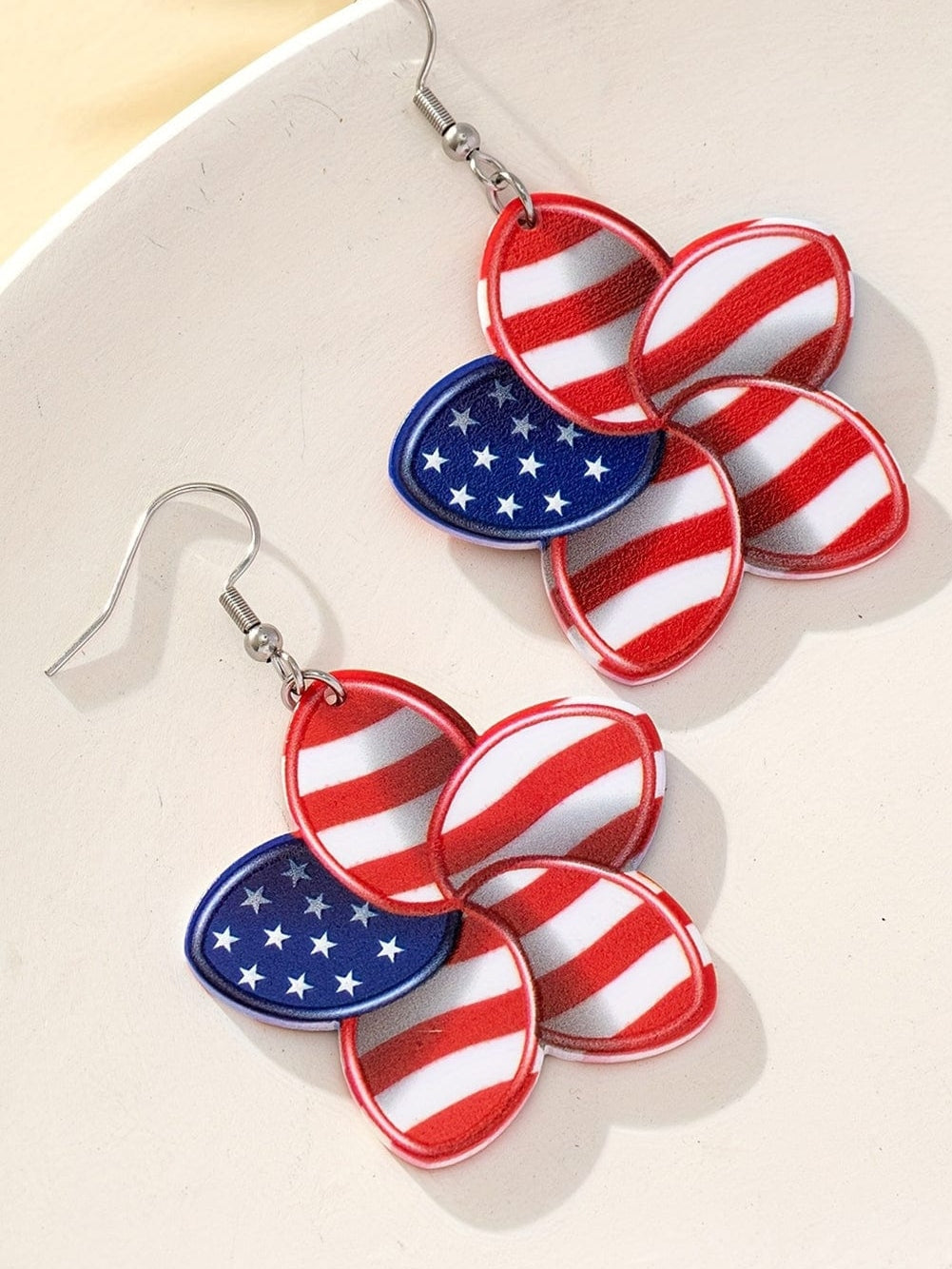 Fiery Red American Flag Printed Flower Shape Hook Earrings