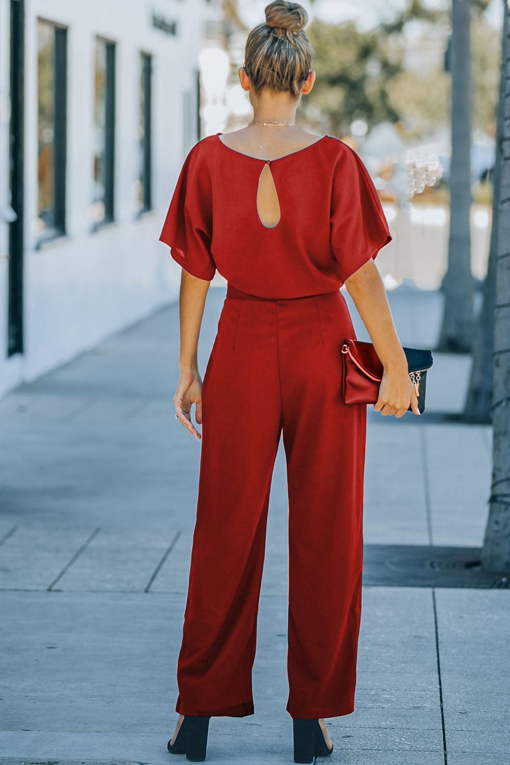 Fiery Red Belted Wide Leg Jumpsuit