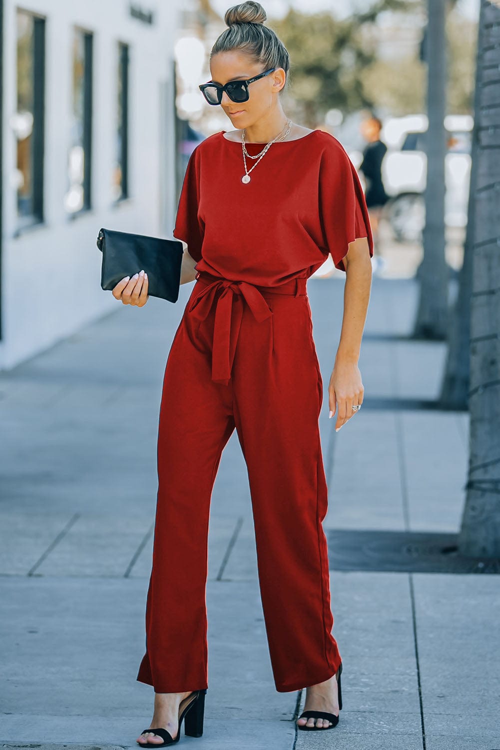 Fiery Red Belted Wide Leg Jumpsuit